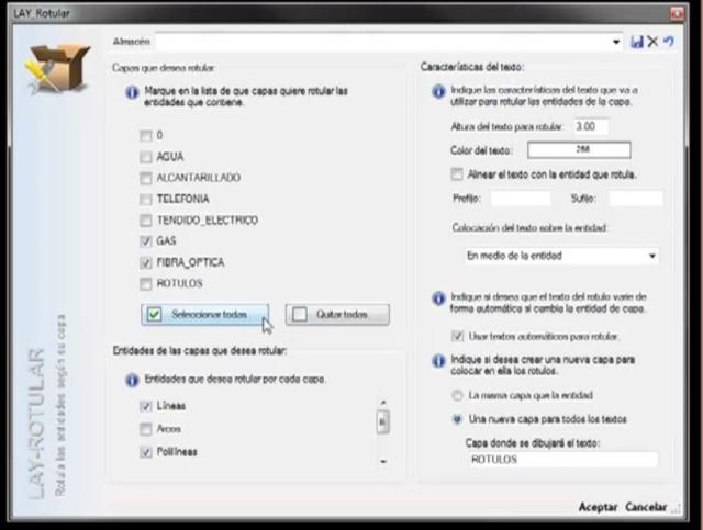 Este comando nos permite identificar las entidades del dibujo rotulando el nombre de la capa a la que esta entidad pertenece. Los rotulos se pueden configurar para que se coloque sobre la entidad, debajo o encima. Se puede también usar textos automáticos